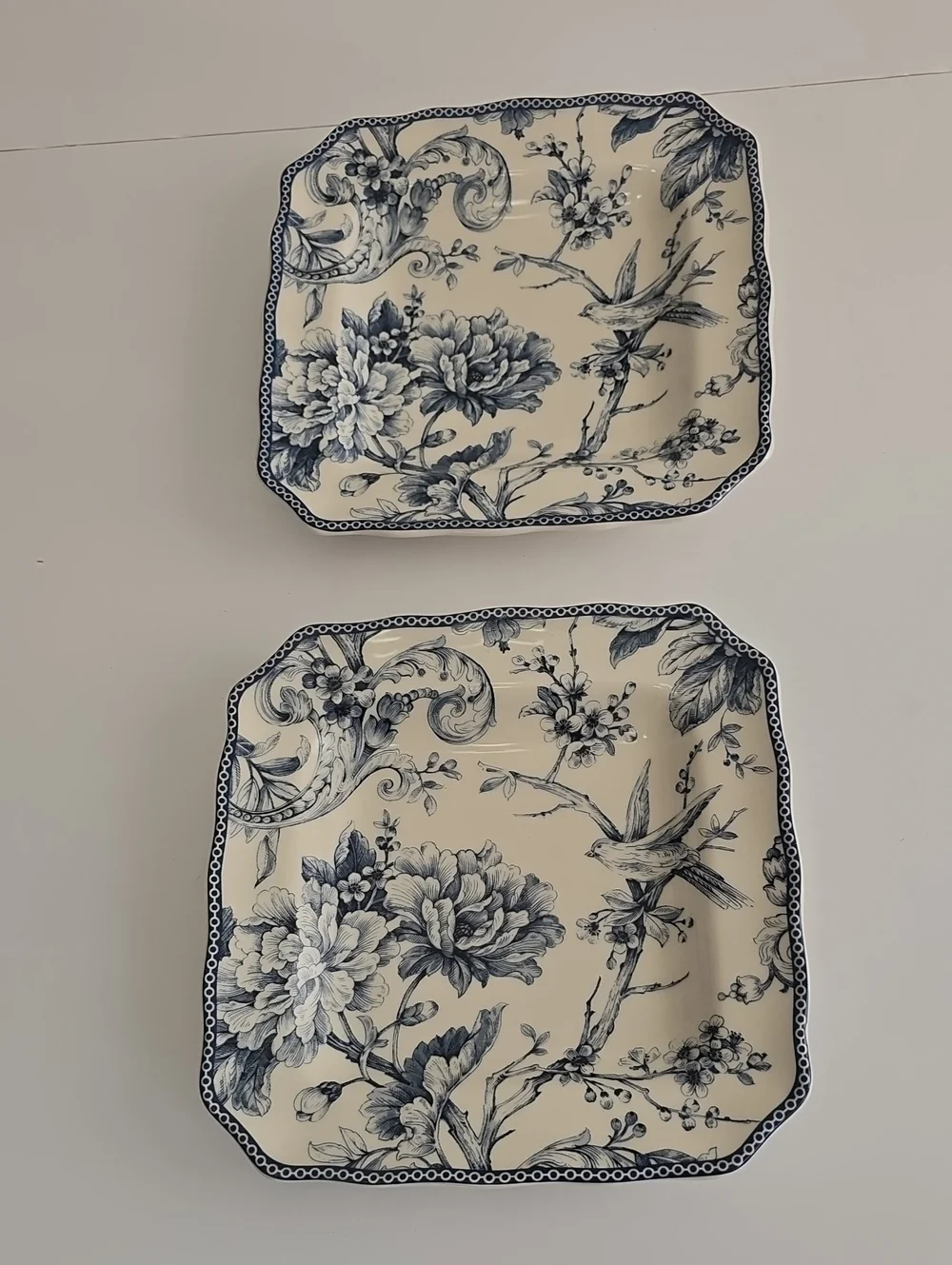 NWOT 222 Fifth Set Of 2 Adelaide Blue Fine China Salad Plates Square Porcelain